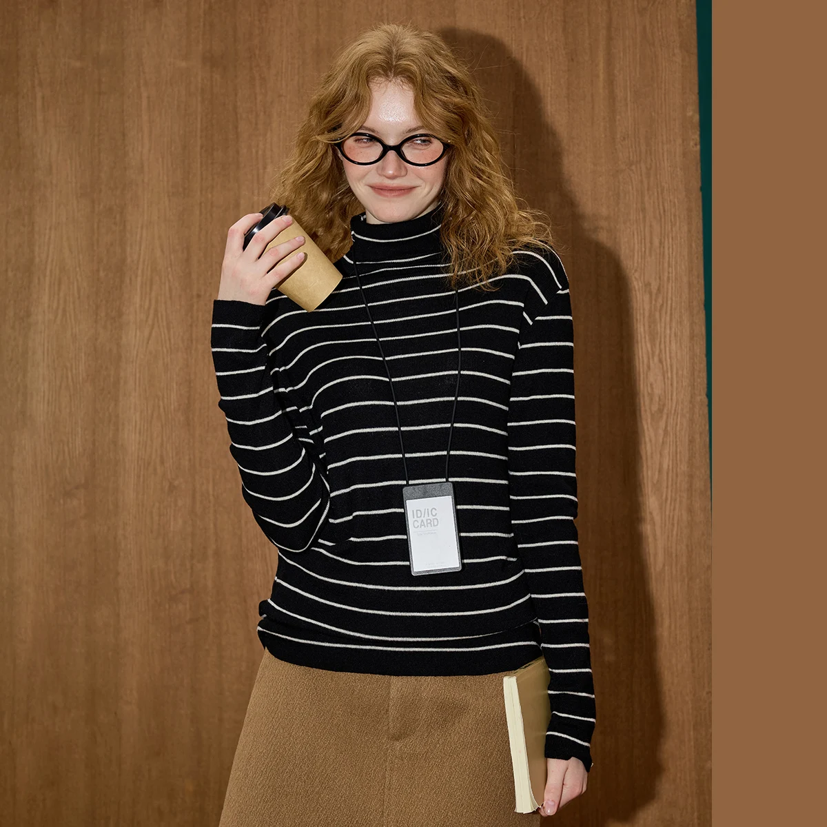 

COOLHUT 2025, зимняя женская винтажная вязаная рубашка в полоску с высоким воротом, мягкая термостойкая рубашка, уютная одежда в рубчик, одежда для дома, водолазка