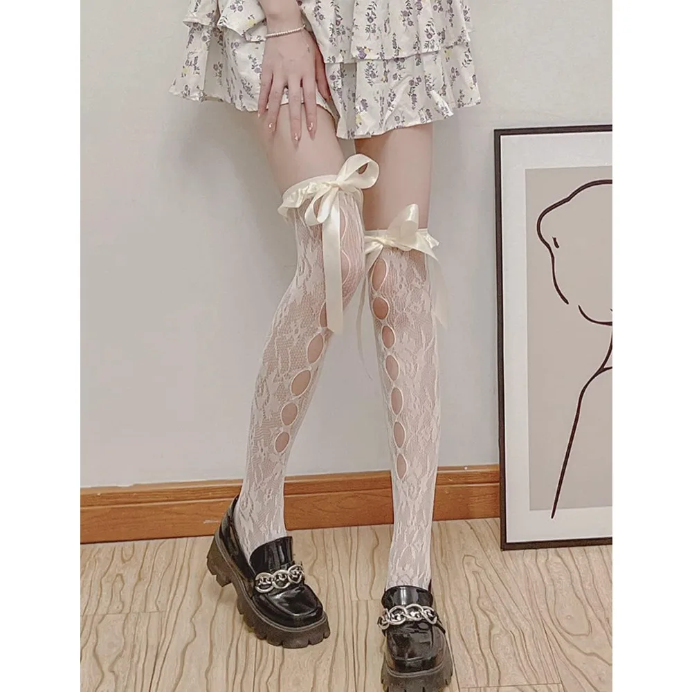 Women's Knee High Fishnet Socks Mesh Socks Lolita Fishnets Bowknot Tie Tights Cosplay Costumes Stockings 2 Pairs