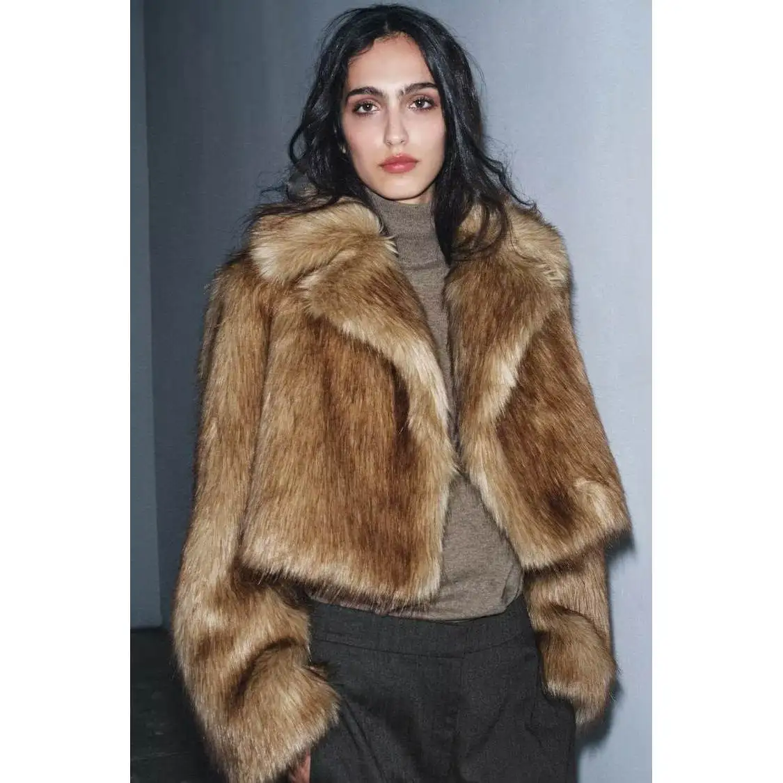 Faionable ort تأثير الفراء الاصطناعي ملابس خارجية ZR Sle جديد الخريف الشتاء المرأة فضفاضة تناسب طويلة Sve معطف مزدوج الصدر