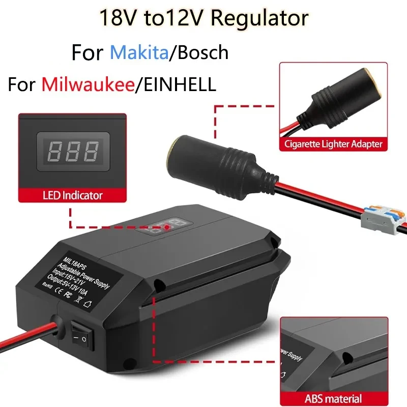 DC 18V to 12V Step-Down Converter for Dewalt/Makita/Milwaukee/Bosch/Einhell18V Battery Electric Wheel Adapter Cigarette Lighter