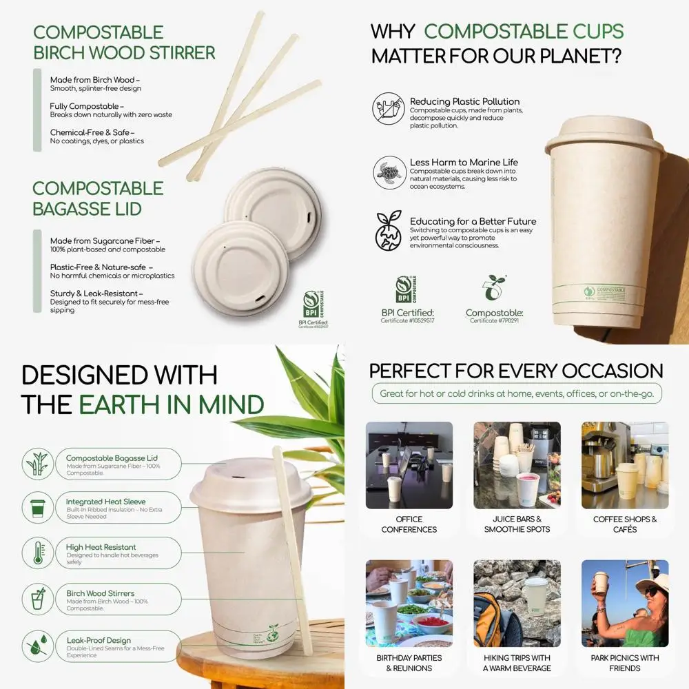 

Compostable 16 oz Coffee Cups with Bagasse Lids, 75 Pack, Leak-Proof, Plant-Based, Stirrers & Sleeves Included
