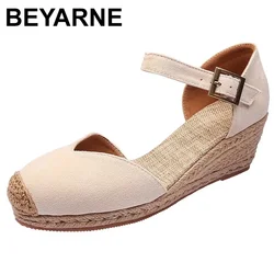 BEYARNEPlus Size 34--43 Espadrilles Wedge Sandals Shoes For Women Summer Canvas High Heels Platform Rope Sandals Fisherman Shoes