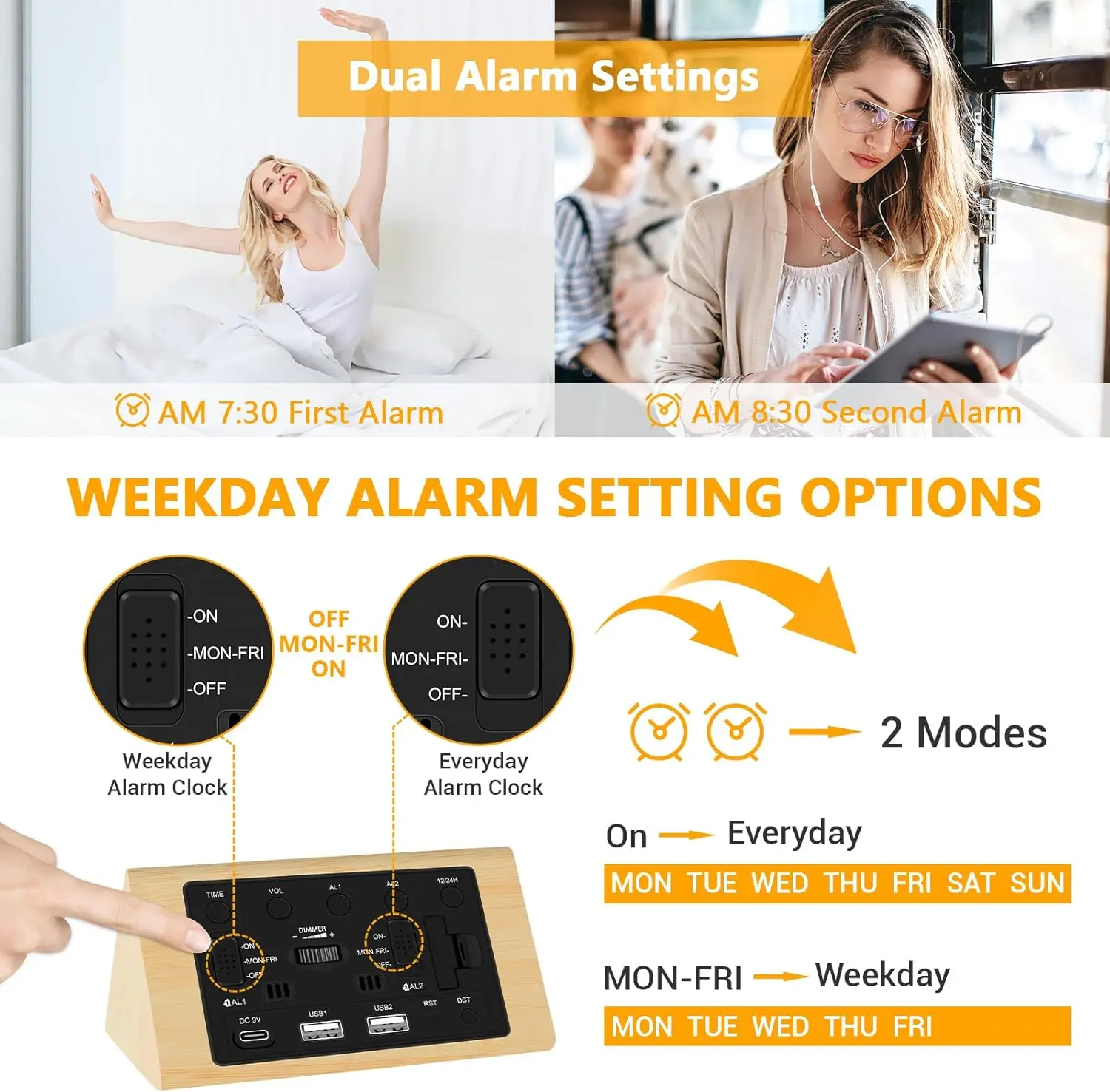 Wooden Digital Alarm Clock with 0-100% Dimming Double Alarm Clock Working Day Temperature Humidity Date Display Office Bedroom