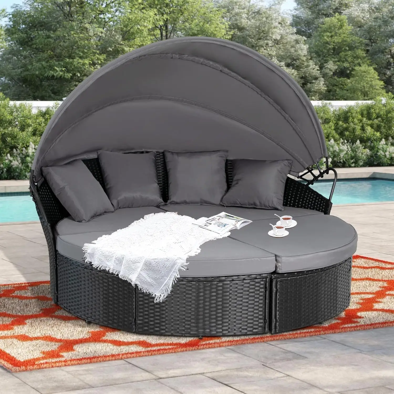 Round Wicker Outdoor Daybed with Retractable Canopy, Washable Cushions, Backyard & Porch, Customized