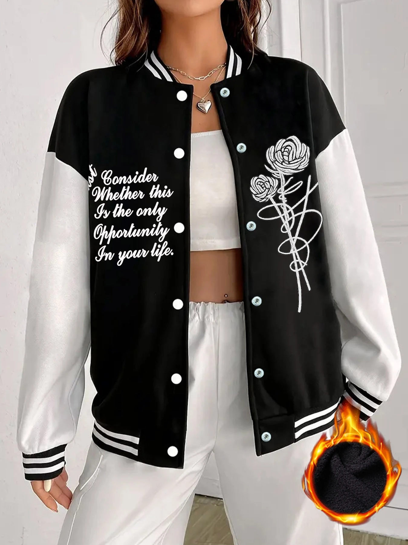 Women'S Fleece Baseball Jacket with Street-Style Letter and Floral Print Suitable for Casual Outdoor Sports in Autumn and Winter