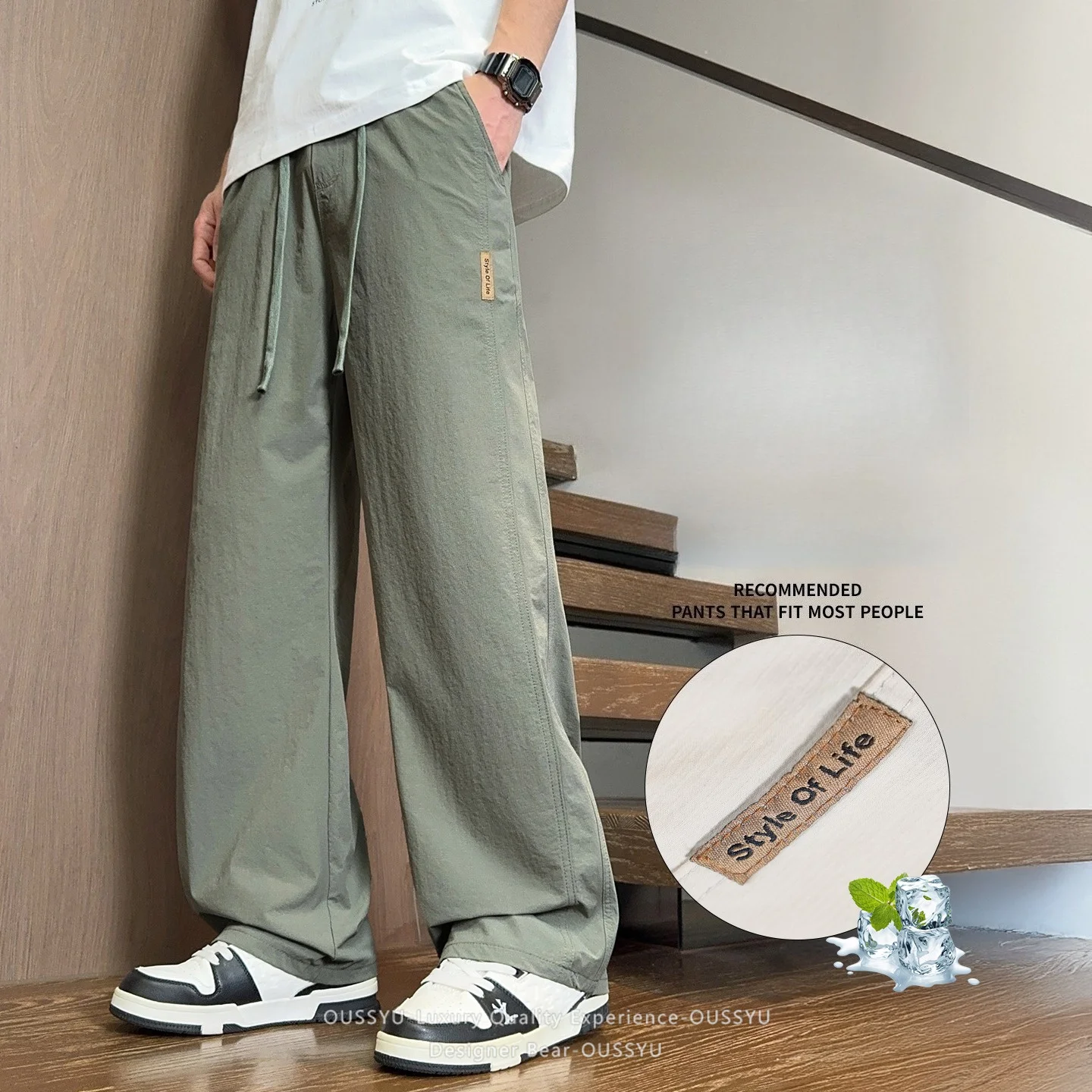2026 Summer Men's Ultra-thin Ventilate Quick-Dry Pants Baggy Decal Fit Straight Leg Casual Trousers Waist for Beach Daily Wear
