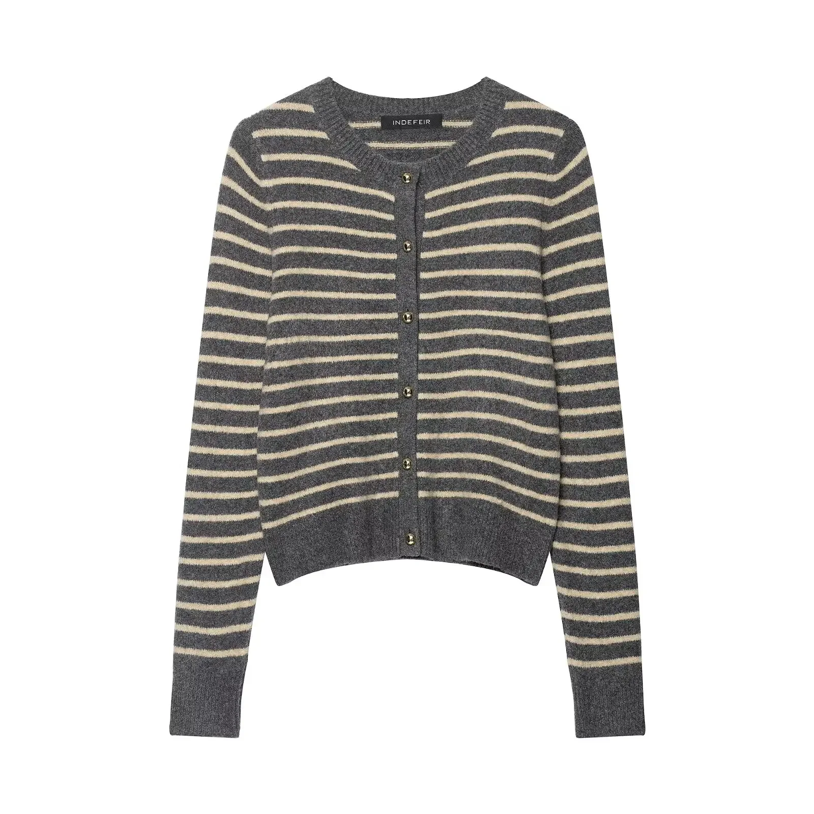 

2025 женский полосатый вязаный кардиган, однобортный свитер с круглым вырезом и длинными рукавами, весенний новый шикарный винтажный трикотаж, топы