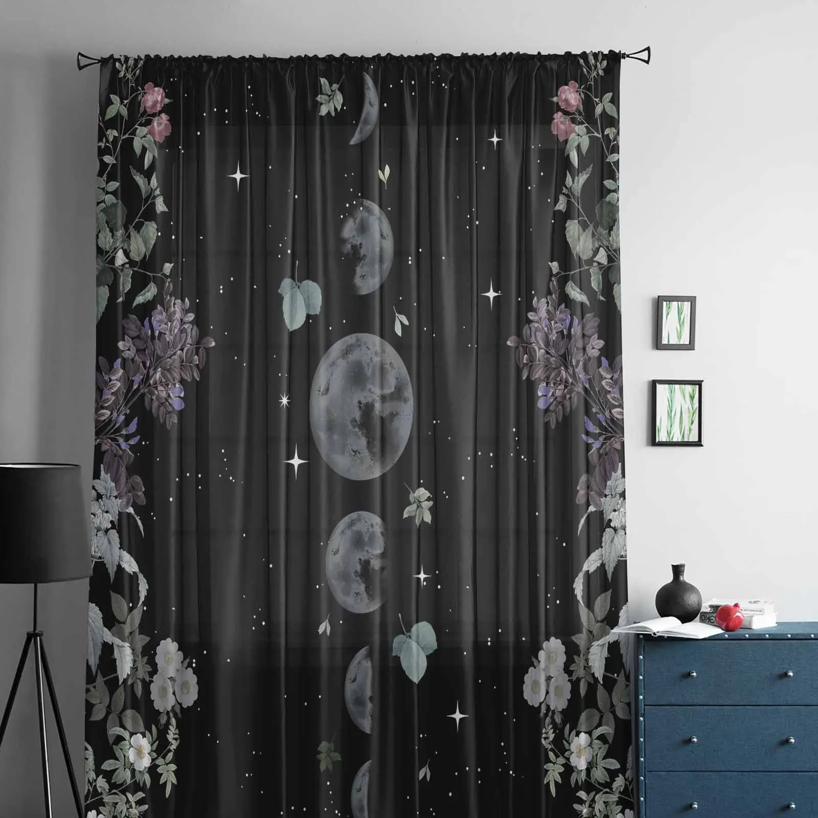 Moonlight Flower Vintage Tarot Stars Voile Sheer Curtains Living Room Window Tulle Curtain Kitchen Bedroom Drapes Home Decor