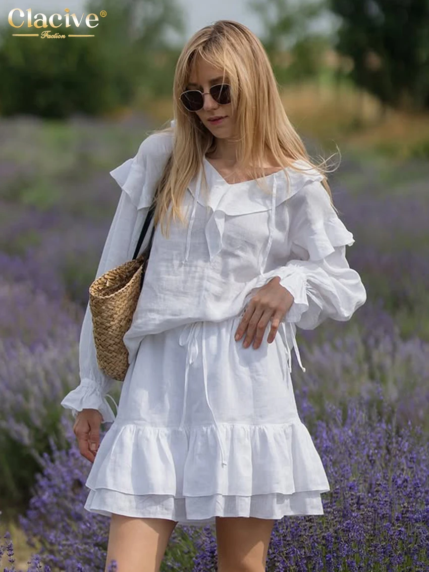 

Clacive Fashion Loose White Cotton 2 Piece Set Women Elegant Long Sleeve Shirt With High Waist Pleated Mini Skirt Set Female