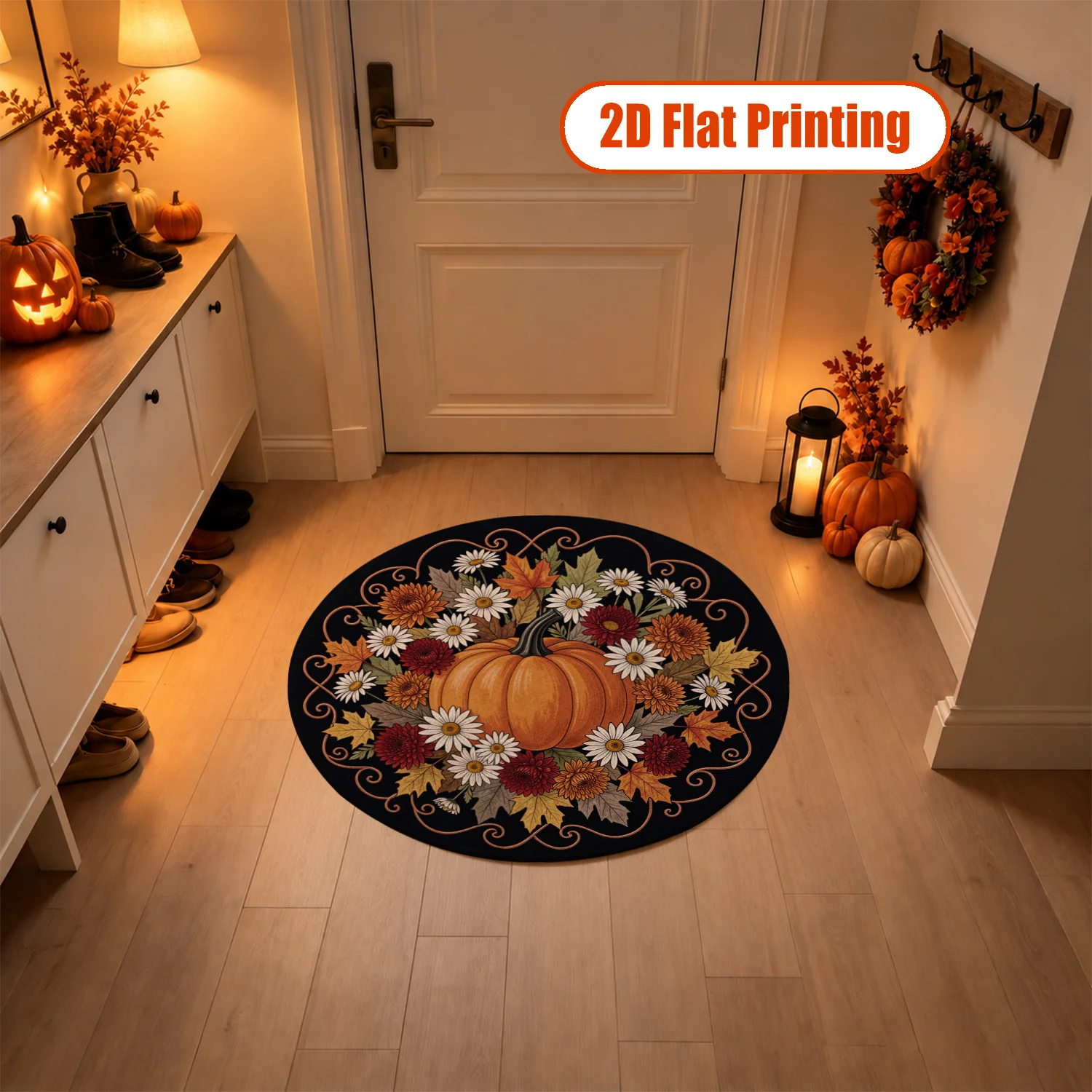 Autumn Pumpkin Floral Maple Leaves Pattern Round Velvet Floor Mat, Machine Washable, Suitable for Living Room, Entryway, Dining Room, Perfect for Halloween, Thanksgiving, Christmas, New Year Home Decor