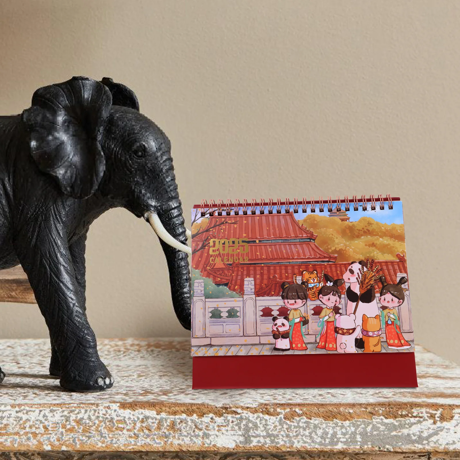 Monthly Cartoon DeskCalendar ChineseStyle Retro OfficeAccessory CreativeCoil Planner FlipTabletop Schedule 2025 YearlyDaily