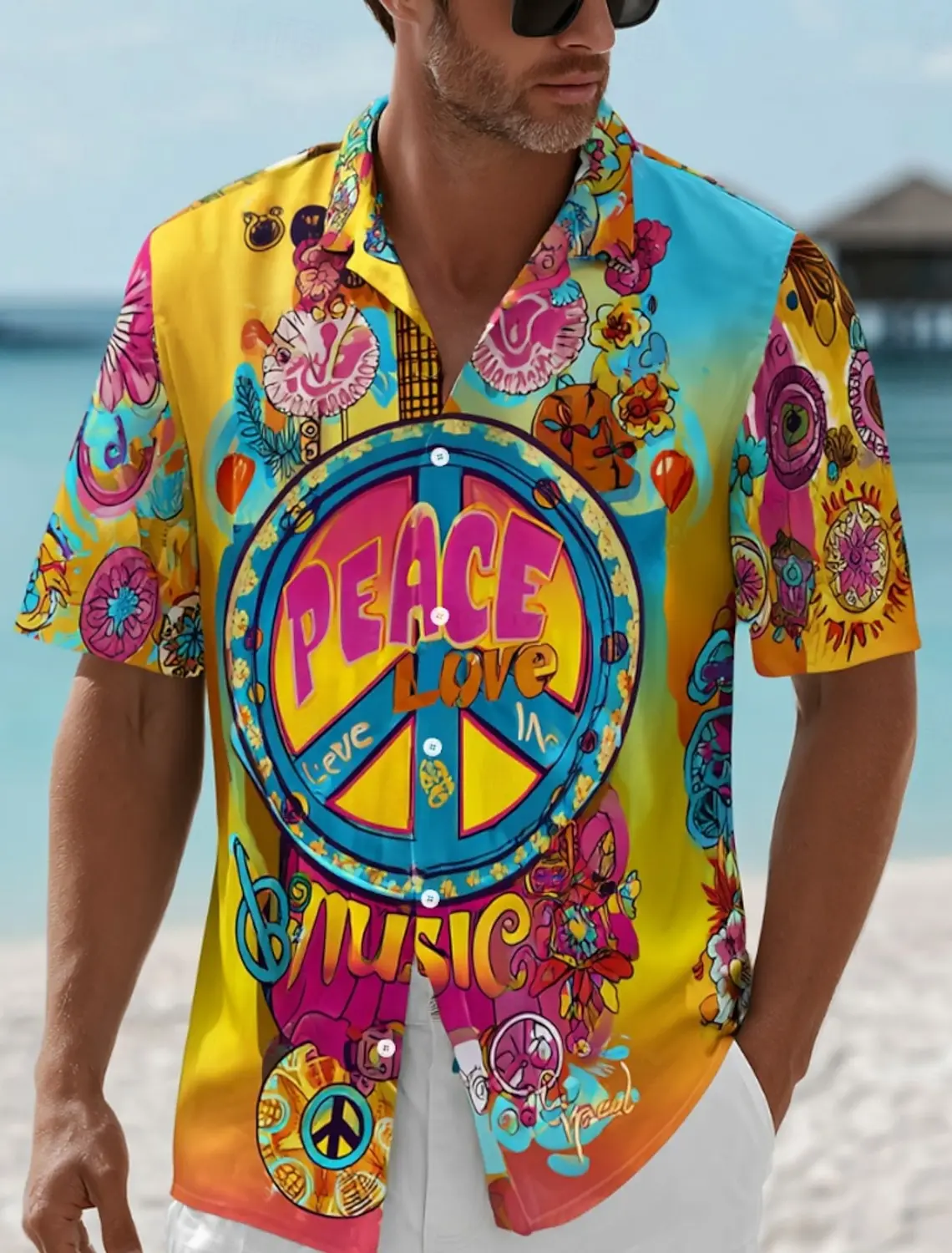 Men's LOVE Peace Music 3D Print Shirt, Short Sleeve Collared Tops, Hippie Music Festival Beach Vacation Wear for Spring & Summer