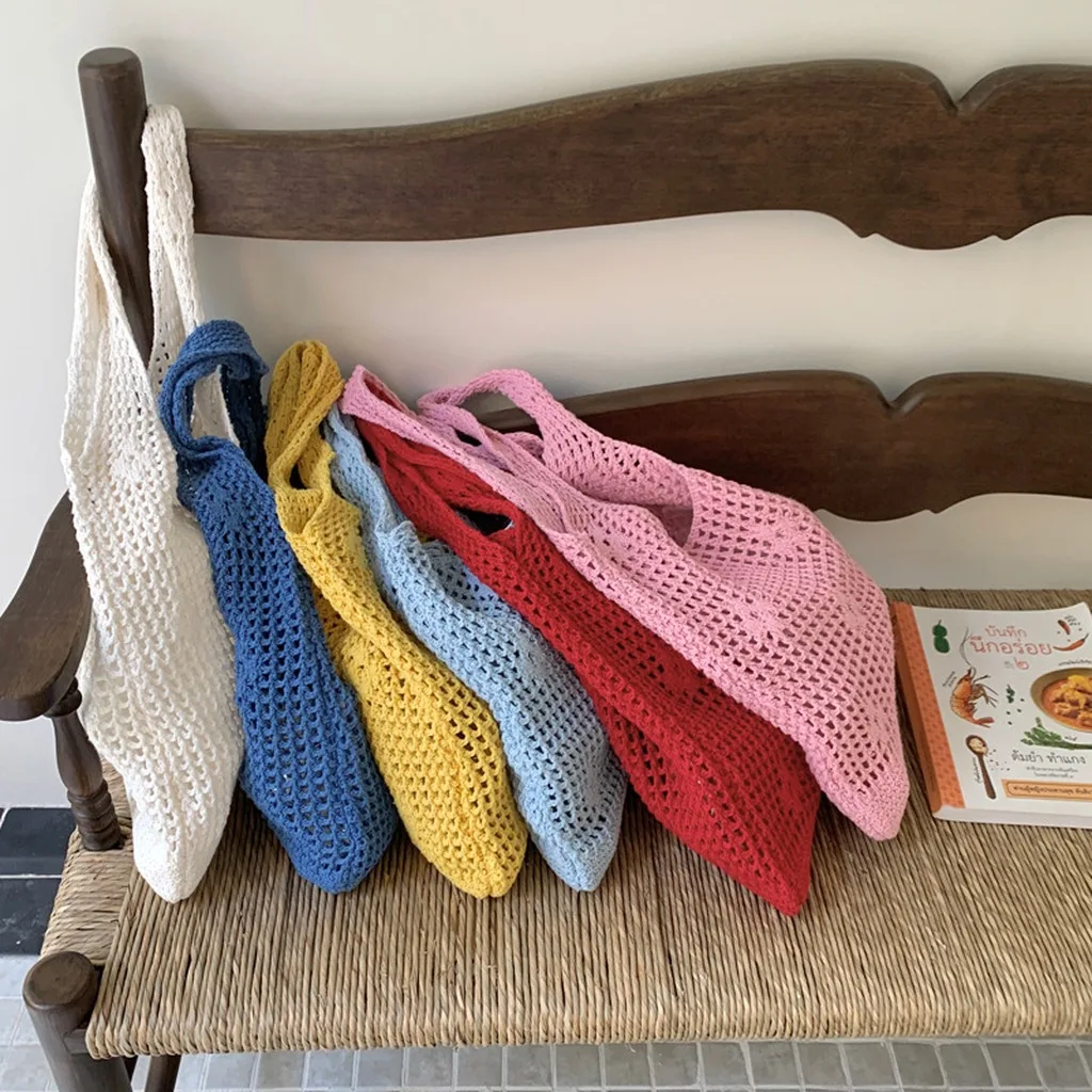 Crochet Bag Handmade Hollow Out Knitted Shoulder Bag Summer Beach Mesh Tote Bag Large Capacity Handbag Reusable Shopping Purse