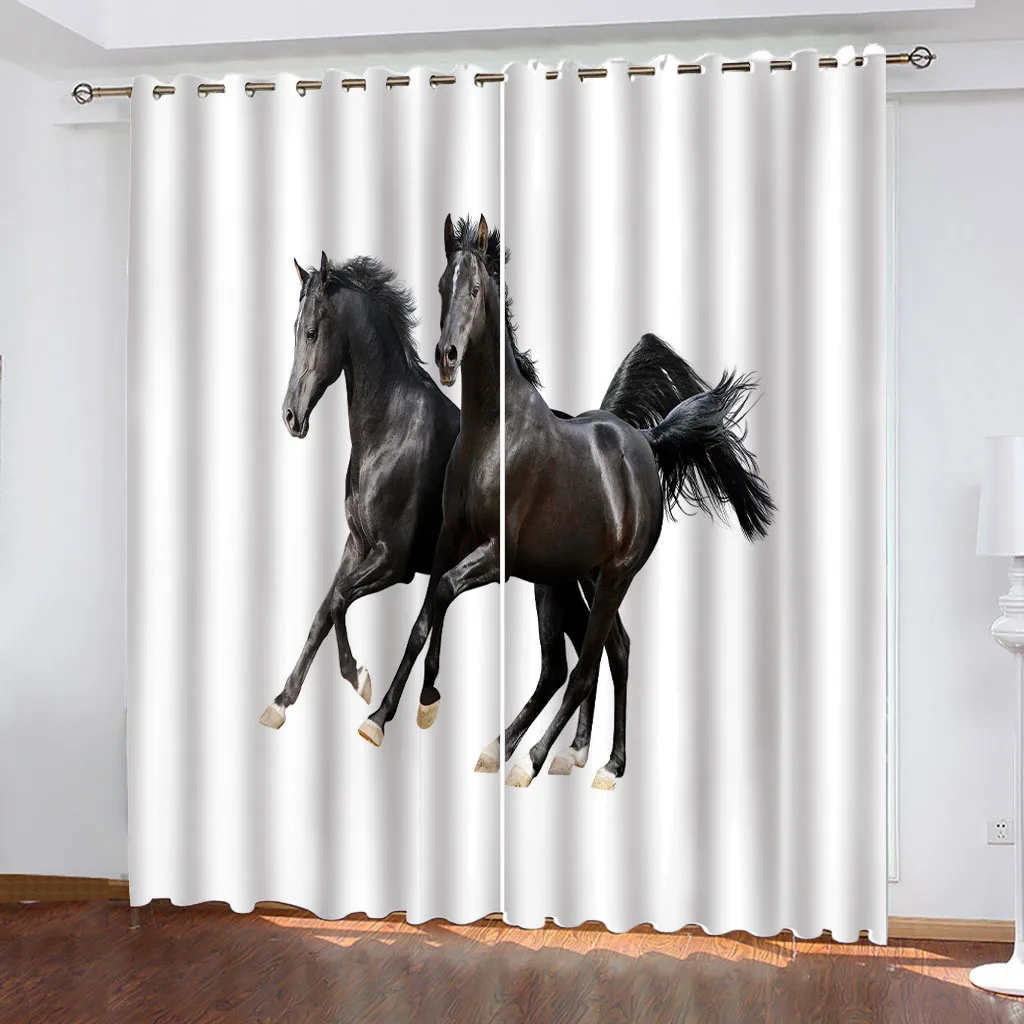 HUANZHUANG Blackout Curtains For Window Black Animal Horse Cheap Custom Big Size  Pieces Curtains For Living Room Bedroom Drapes