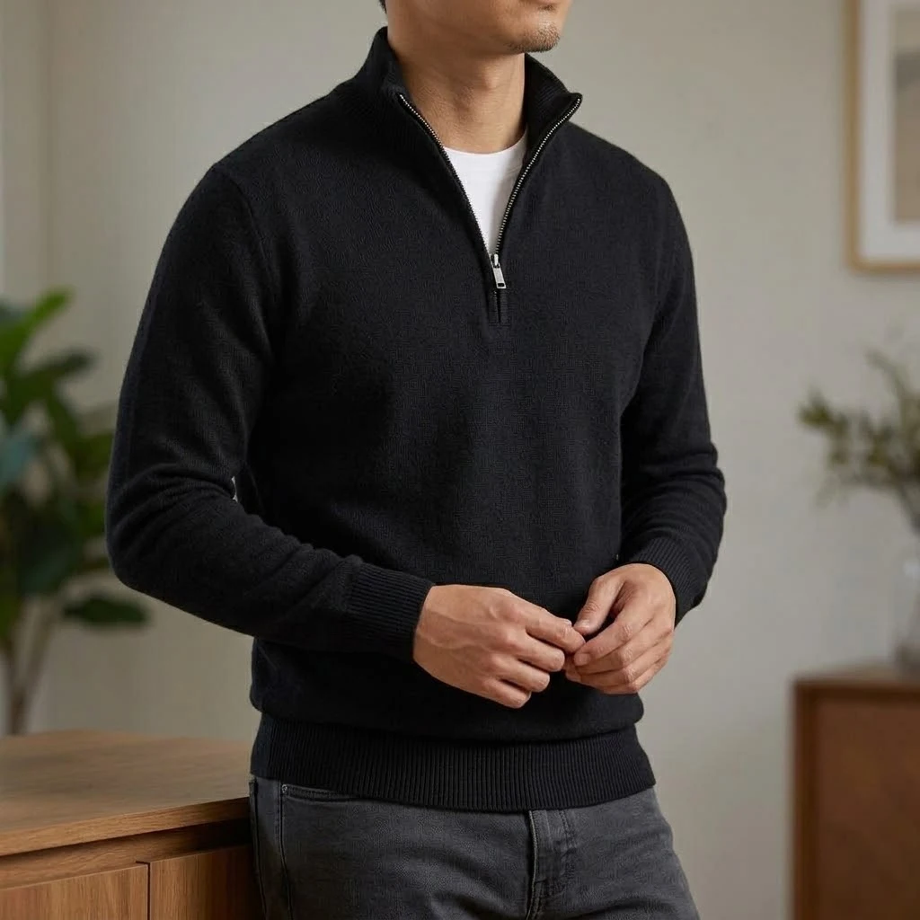 Neuer Herren-Strickpullover mit Reißverschluss, lässiger Stehkragen-Pullover, warmer Langarm-Pullover, einfarbiger Pullover, modischer Winterpullover für Herren – Detail 8