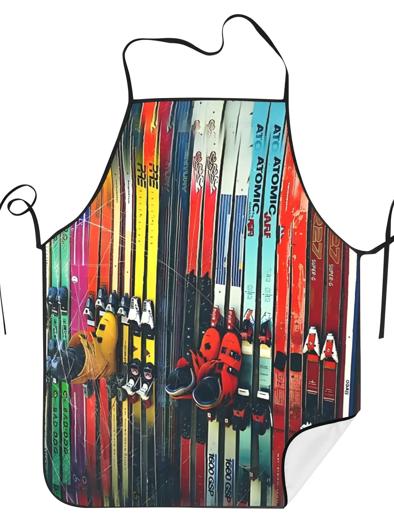 Colorful Ski Pattern Kitchen Apron - Winter Sports Graphic Linen Look Chef Bib for Men Women Cooking Baking Gift Decor