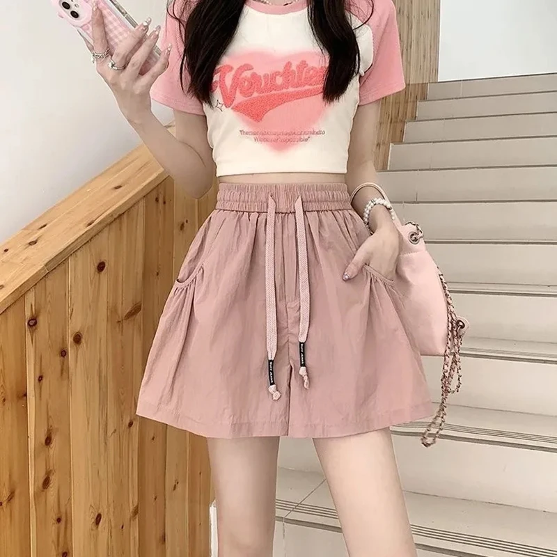 

High Waist Cargo Shorts for Women American Streetwear Loose Pockets Wide Leg Pants Fashion Baggy Drawstring Casual Shorts