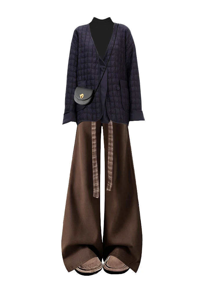 Set coordinato dimagrante Faion da donna in cotone Jaet e pantaloni scozzesi con motivo a rombi retrò di fascia alta