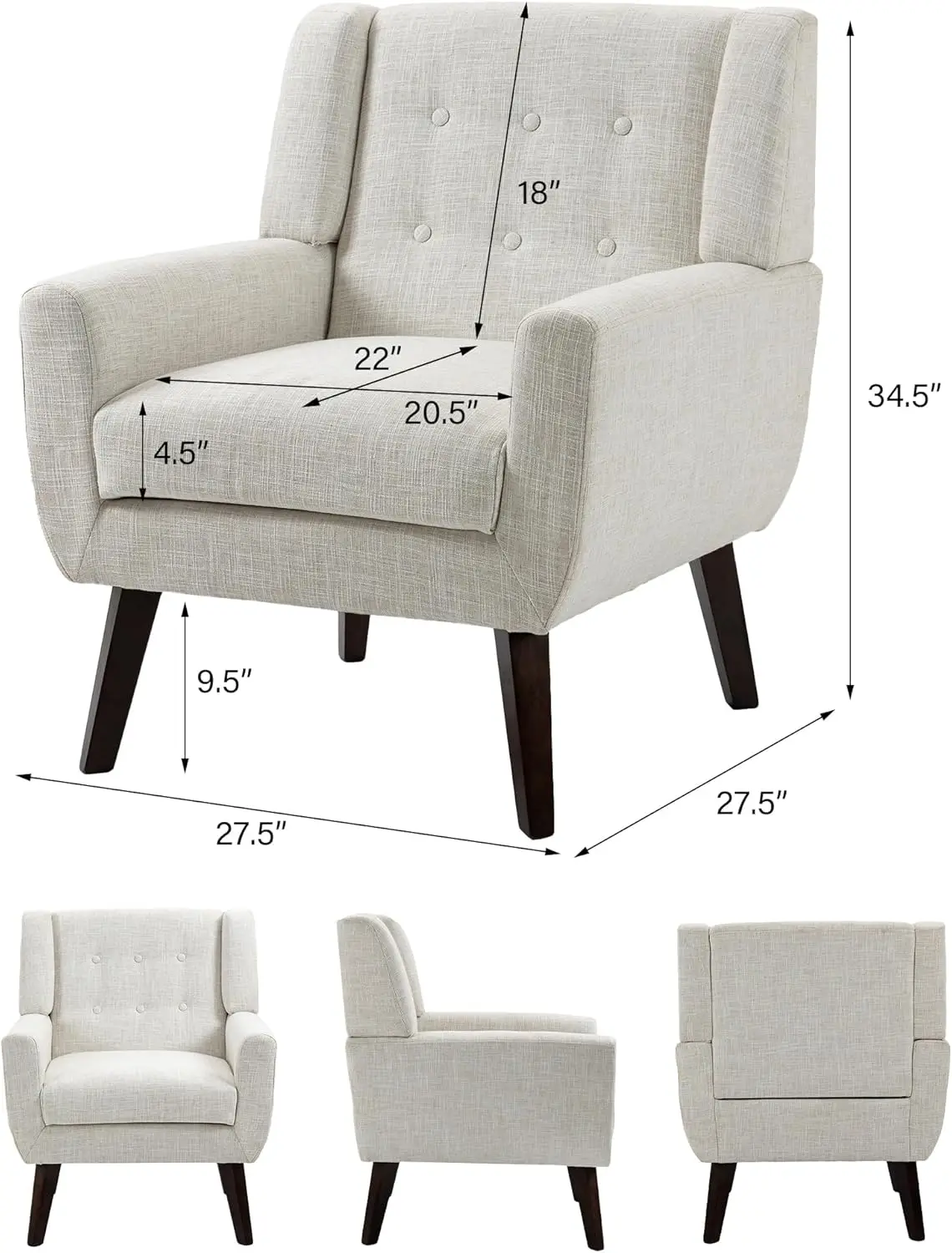 Accent Chair, Mid-Century Modern Fabric Chairs with Arms for Living Room, Comfy Upholstered Club Single Sofa Armchair