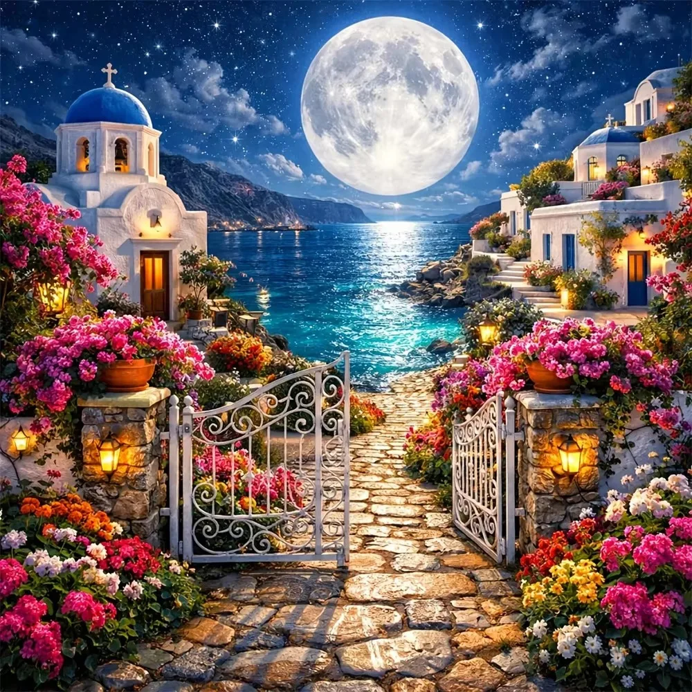 DIY 5D Diamond Painting, Santorini Island Night Scene With Full Moon, Hobby Craft for Home Wall Decor, Ideal Gift for Art Lovers