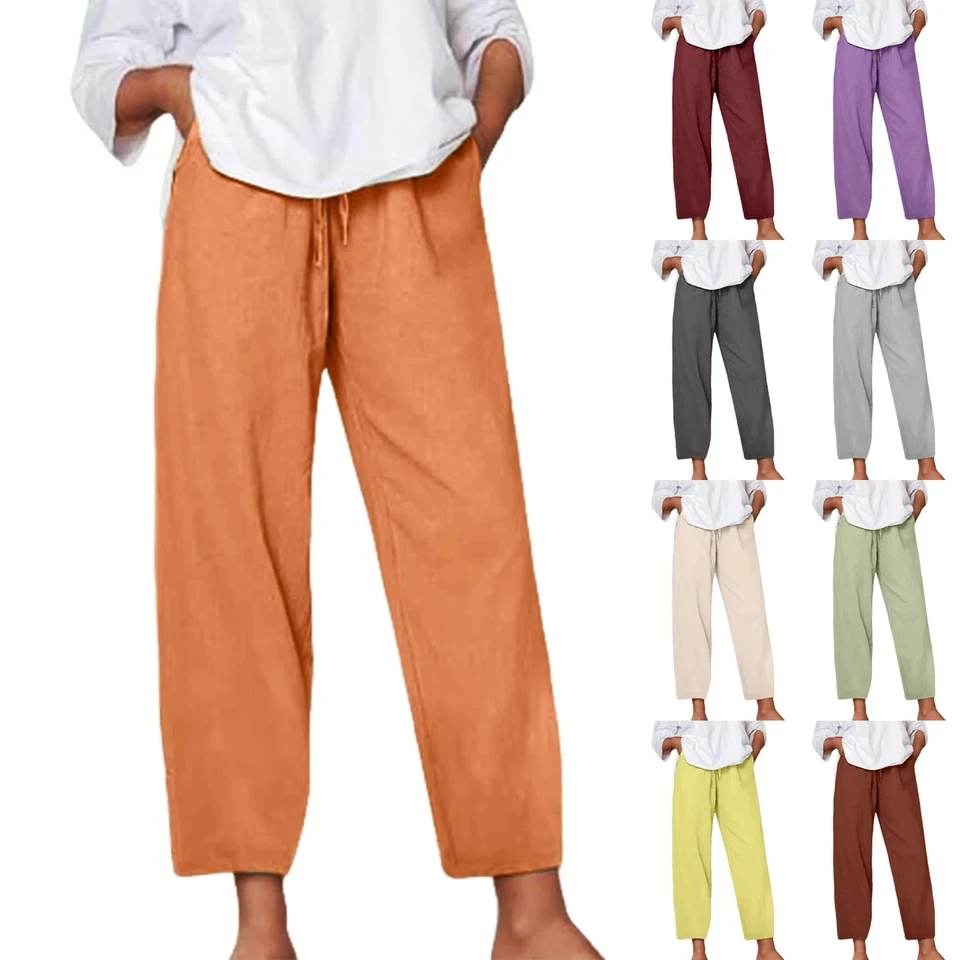 

Plus Size 5XL Cotton Linen Pants For Women Summer Elastic Waist Casual Solid Color Trousers Baggy Loose Straight Leg Sweatpants