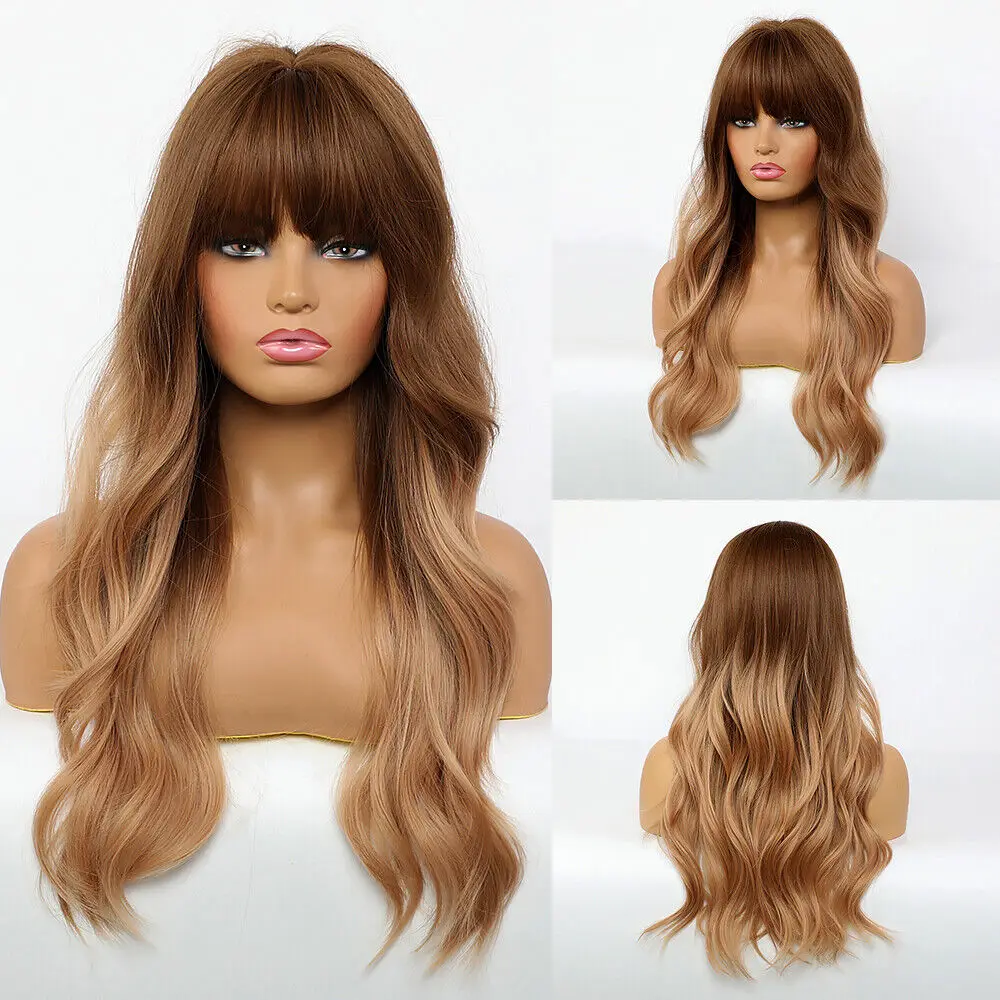 

Blonde Ombre Hair Wigs with Bangs Long Wavy Ombre Wig Synthetic