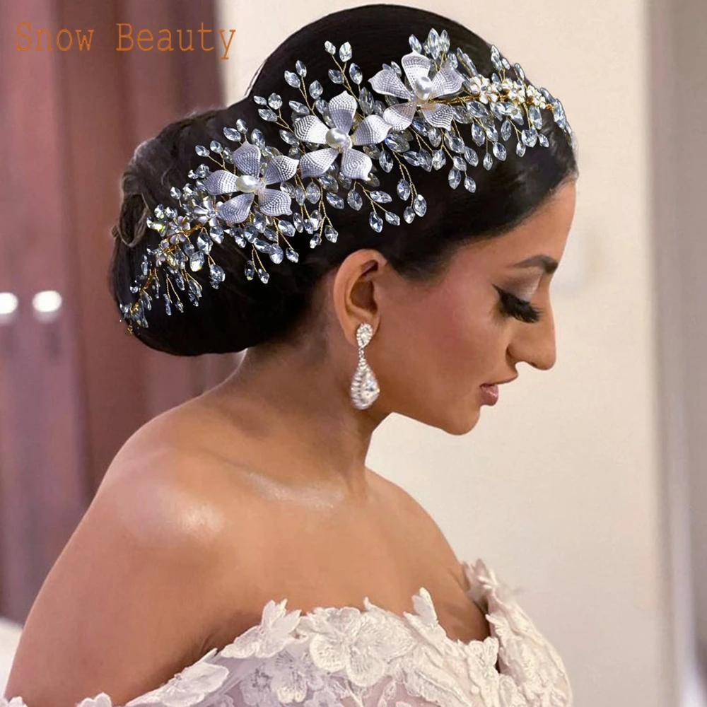 

A509 Trendy Women Headband Wedding Hair Accessories Rhinestone Bridal Headpiece Handmade Silver Golden Party Prom Tiaras