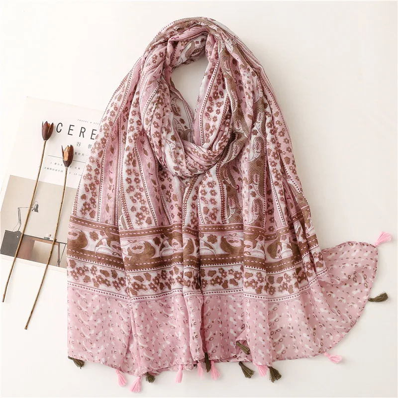 2022 Fashion Pink Paisley Print Tassel Scarf Shawls Long Women Beach Soft Floral Hijab Wrap Free Shipping