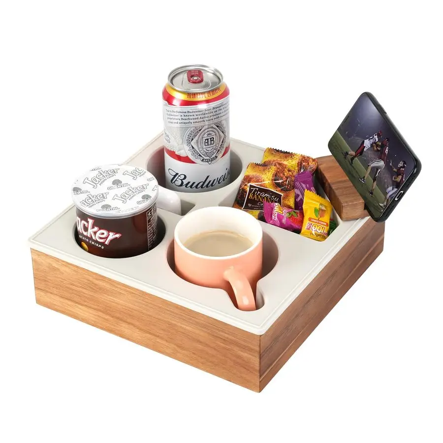 

Cup Holder Tray, Handy Soft Silicone Acacia Wooden Couch Caddy for Bed Car Seat Beach Organizer, Waterproof AntiSpill Sofa Cup H