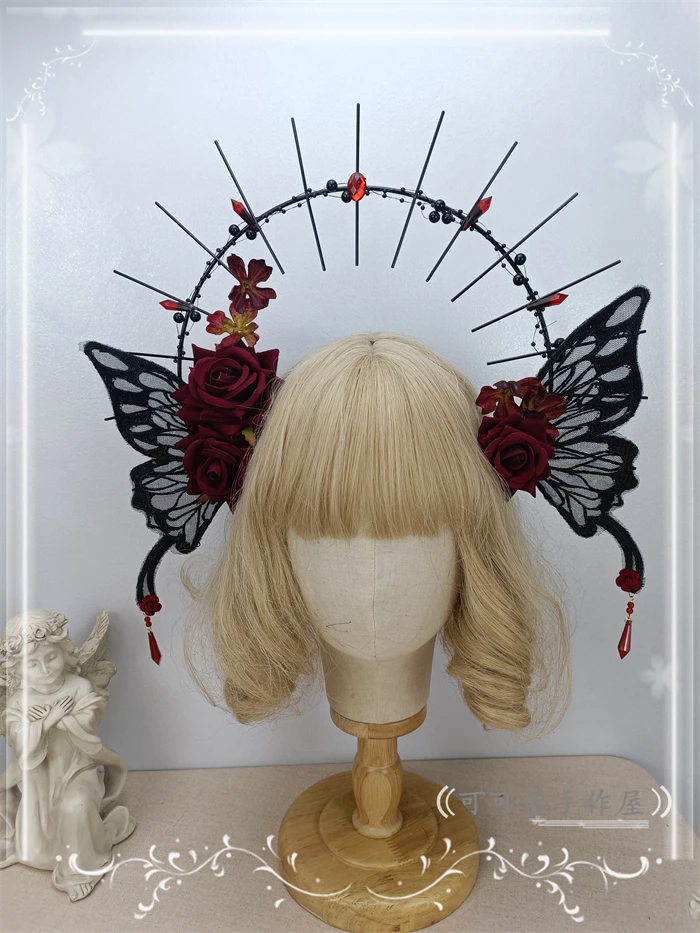 Headdress Women's Handmade Black Red Color Matching Hollow Mesh Butterfly Flower Suitable Stage Performance Clothing Accessories