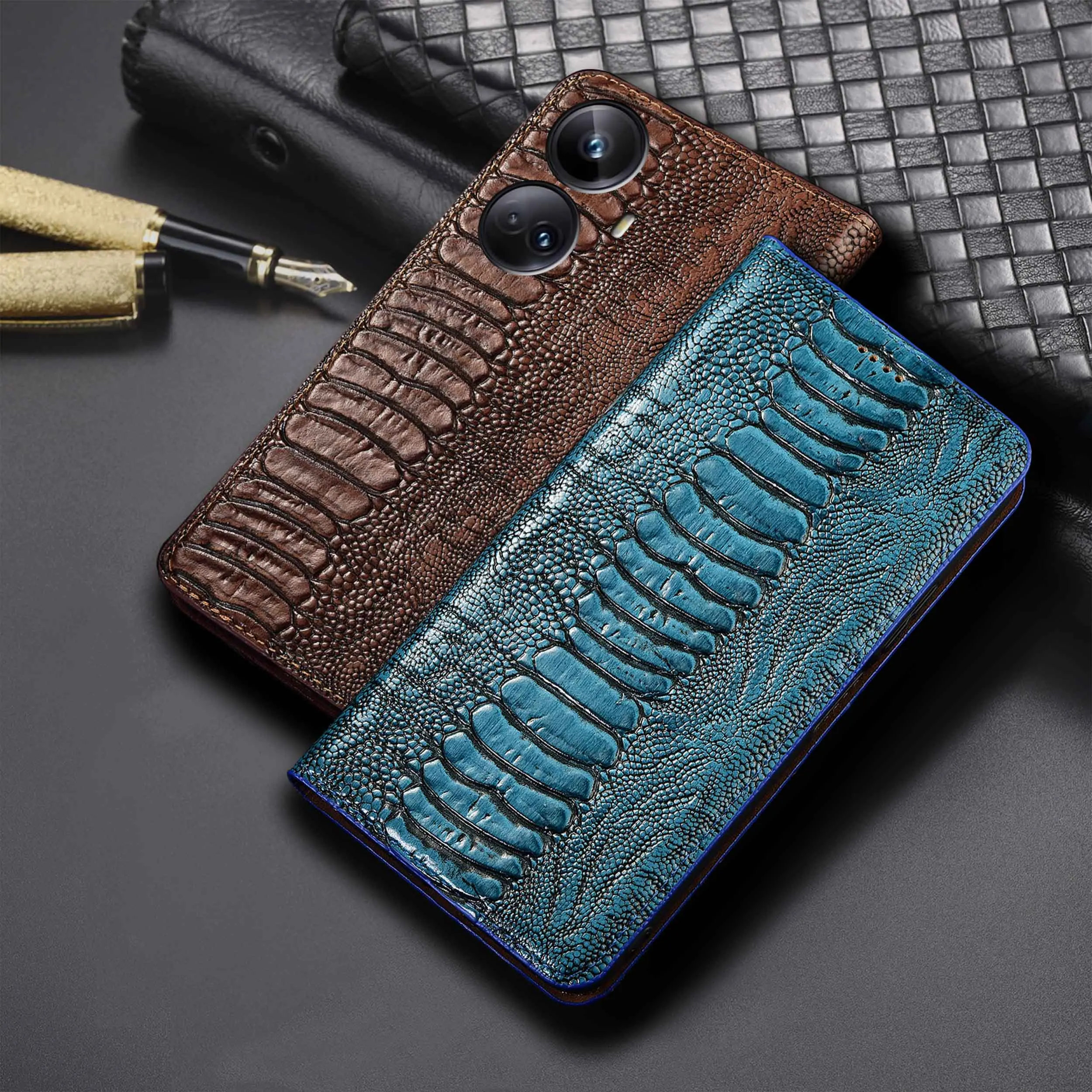 

For Realme X XT X2 X3 3 5 6 7 8 8i 9 9i 10 Pro Plus Ostrich Feet Pattern Genuine Leather Flip Phone Cover Case Cowhide Non-Slip