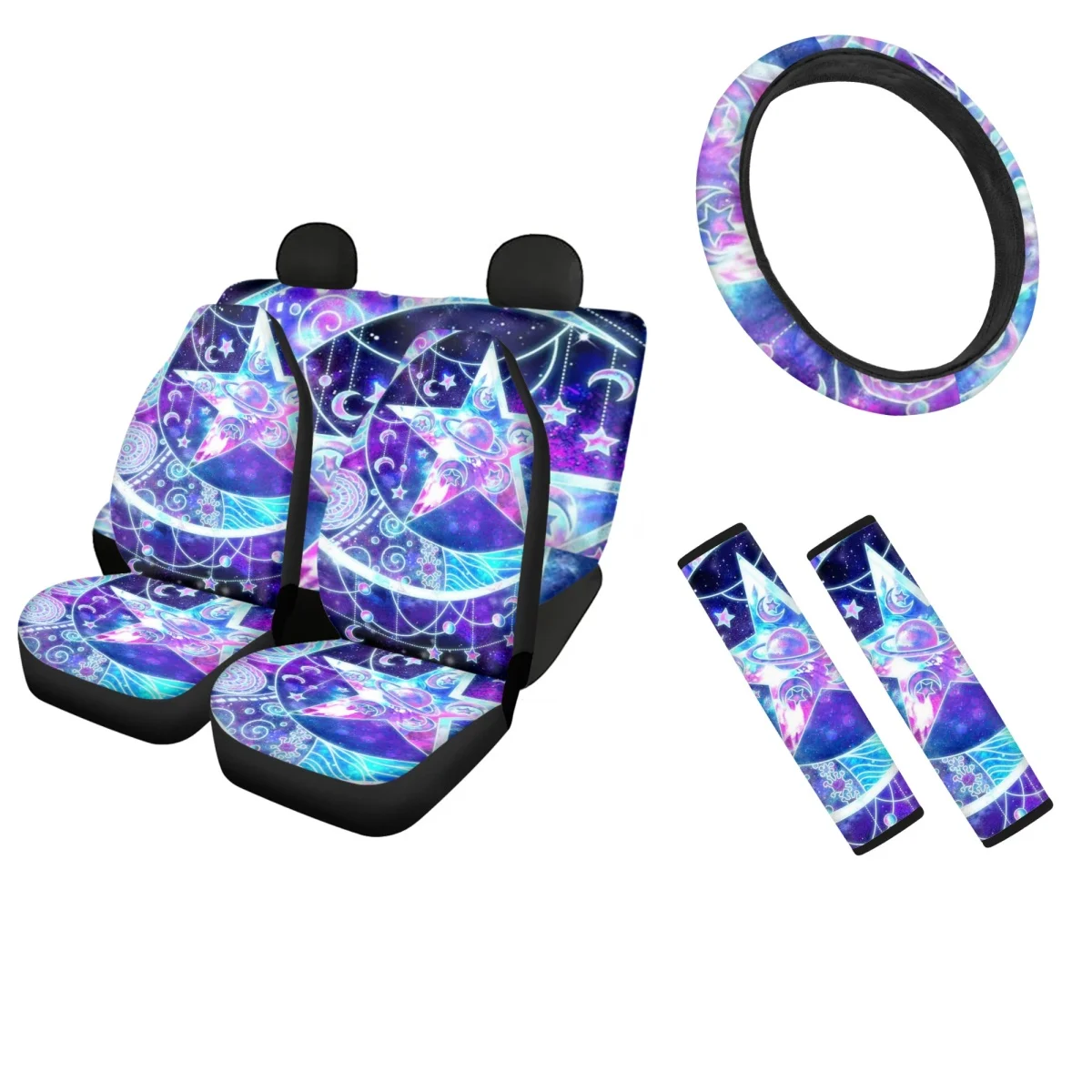 

Car Front&Rear Seat Cushion Cover Fluorescent Purple Moon and Stars Fantasy Prints Auto Steering Wheel Fashion Seat Belt Covers