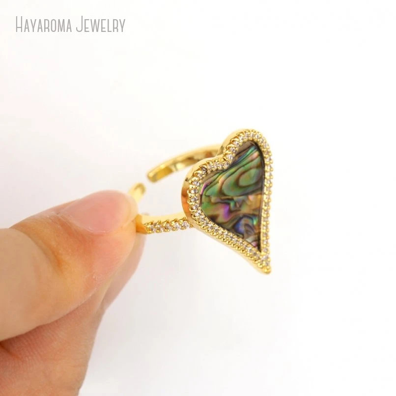 10Pcs Hearts Heart Shape Point Copper Gold Color Metal Abalone Shell Cubic Zirconia Wholesale Ring RM50954