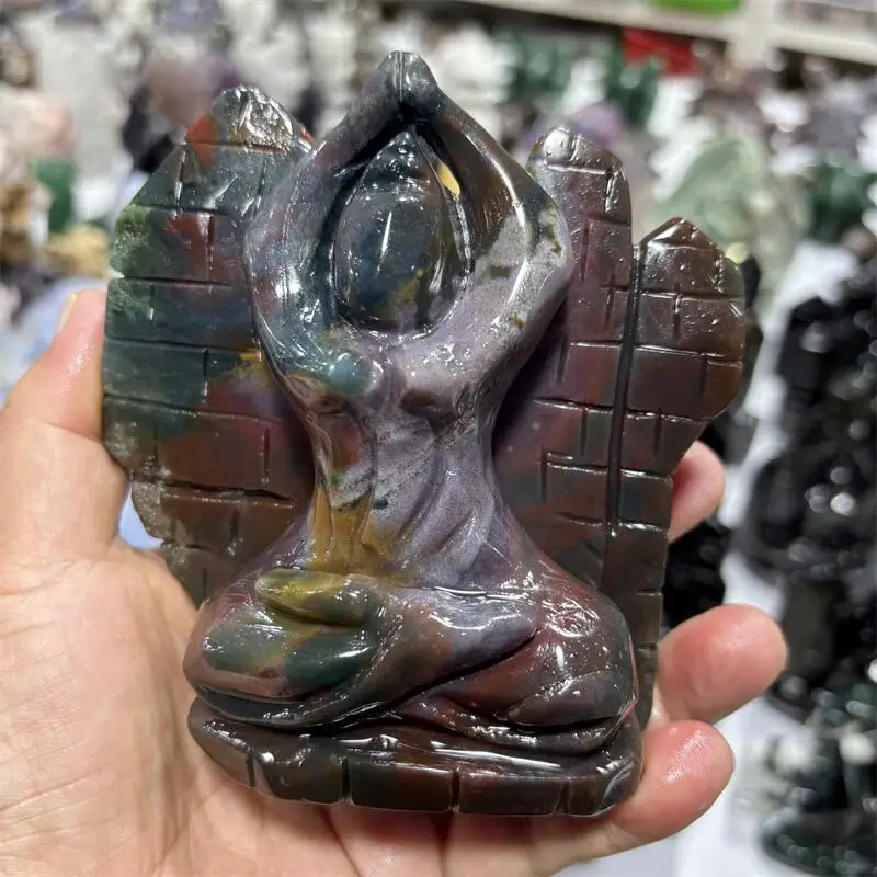 

Natural Ocean Jasper Meditative Yoga Lady Carving Crystal Love Healing Fengshui Gemstones HomeDecoration Holiday Gift 1PCS