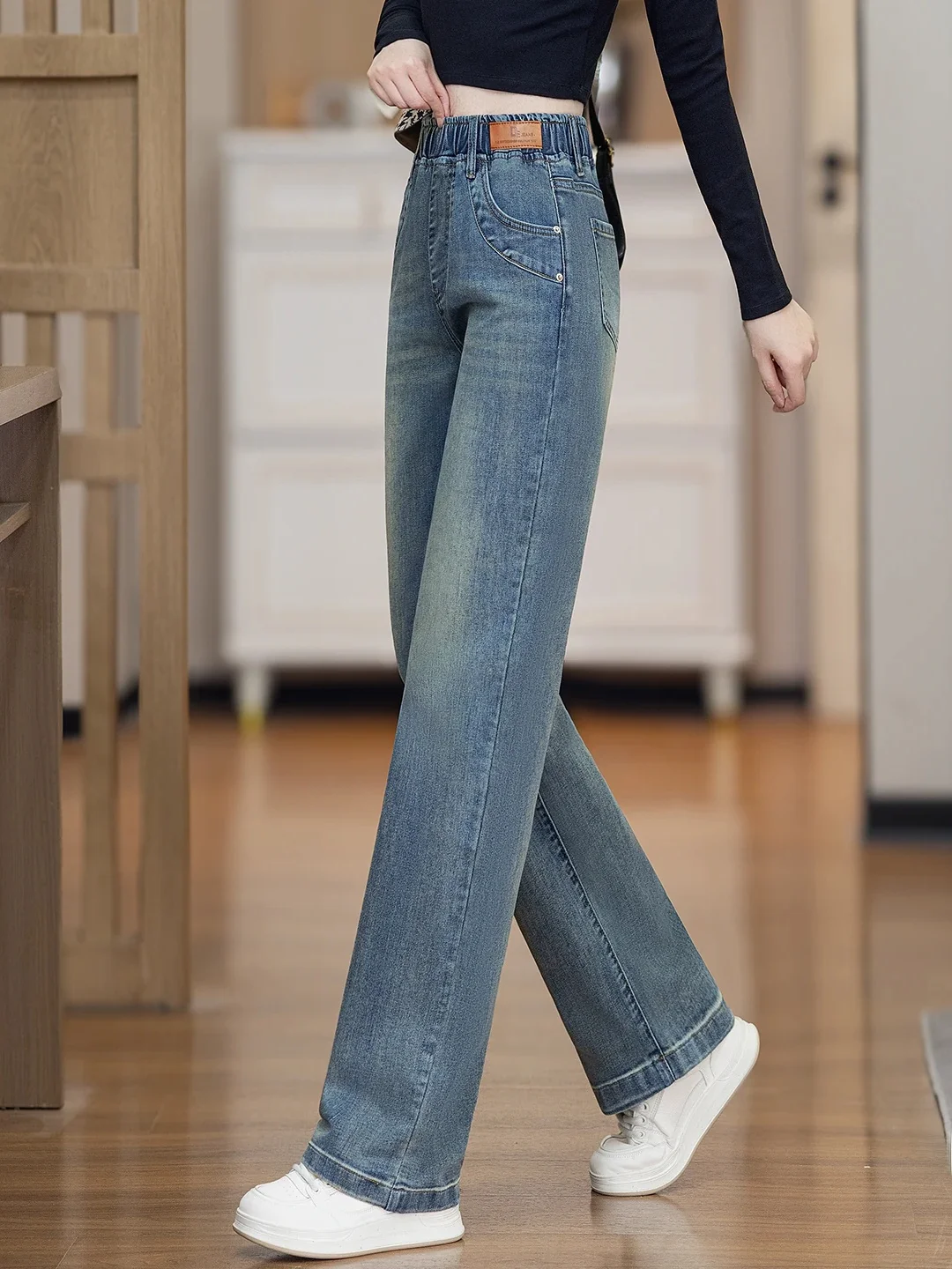High Waist Straight Leg Jeans Women's Elastic Waist Wide Leg Pants Autumn New Style Slim Fit plus Size Small Figure Loose Fit