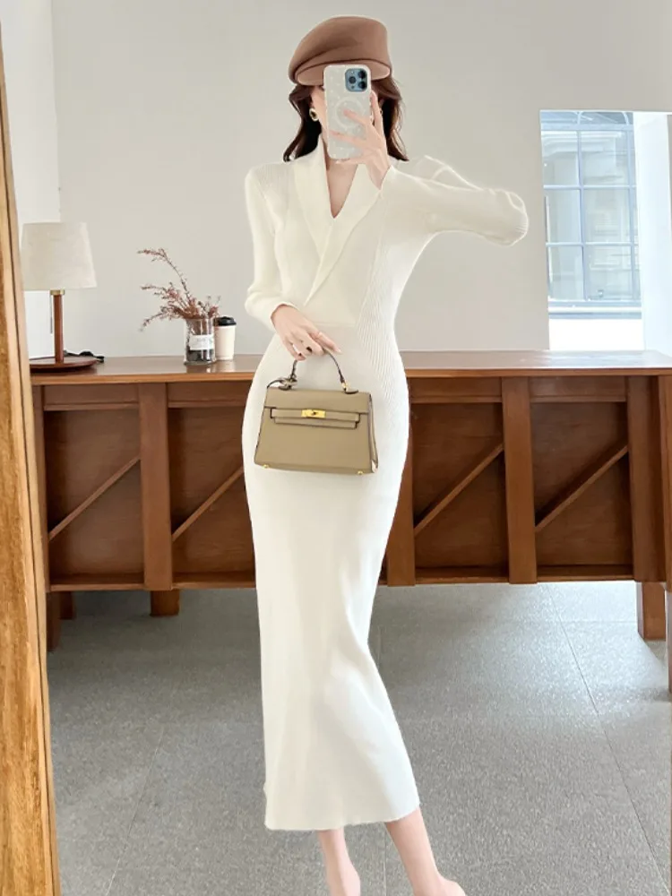 

Slim Fit Long Sve V-Ne Трикотажное платье с высокой талией средней длины Bodycon Dr Сексуальное осенне-зимнее женское модное платье