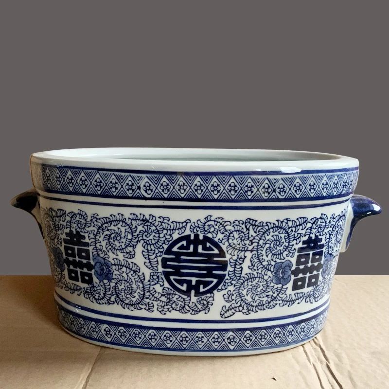 Jingdezhen donica na rośliny podwójne szczęście wazon sadzarka duży kaliber niebiesko-biały waza porcelanowa