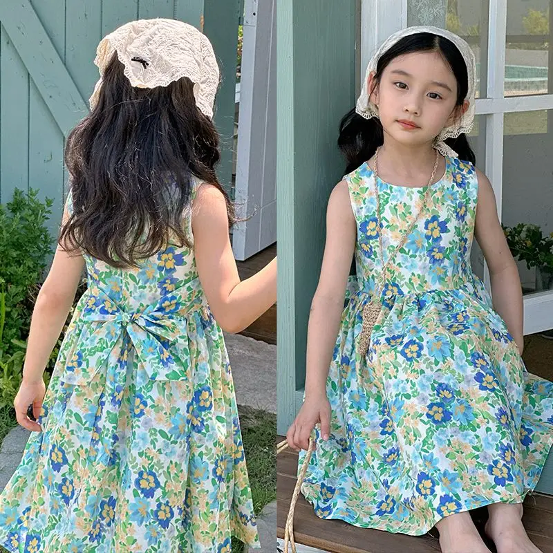 Summer girls' cotton vest skirt, pure cotton dress, floral countryside style, Korean version, loose fit