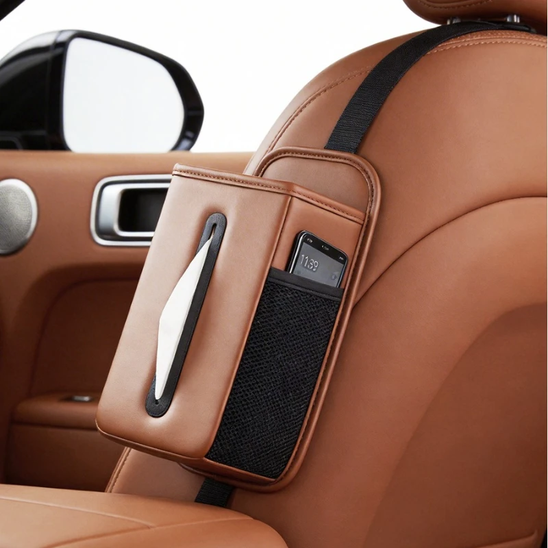Car Seat Side Tissue Bag Hanging Paper Drawing Storage Bag Large with Mesh Leather Material Save Space