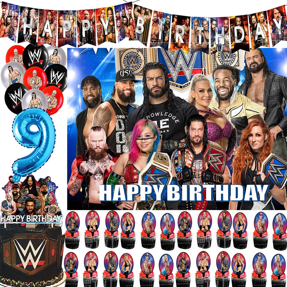 

Wrest&Triath-lon Birthday Party Supplies Decor New Hot Boxing Compitation Balloon Backdrops Photo Props Cake Topper Child Gifts