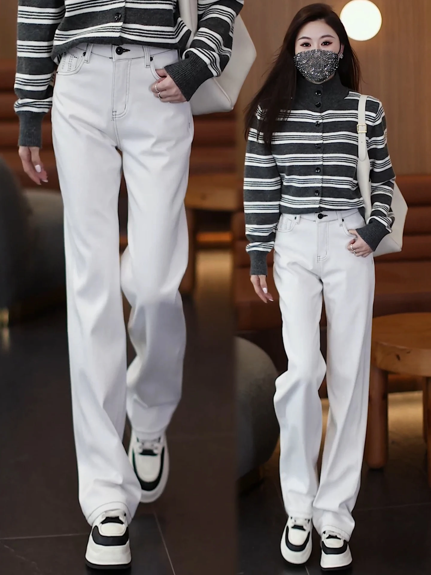 

Джинсы с высокой талией, утягивающие, на флисовой подкладке, с широкими штанинами, женские, осенне-зимние, новый стиль, повседневные, прямого кроя, элегантные, как из сказки