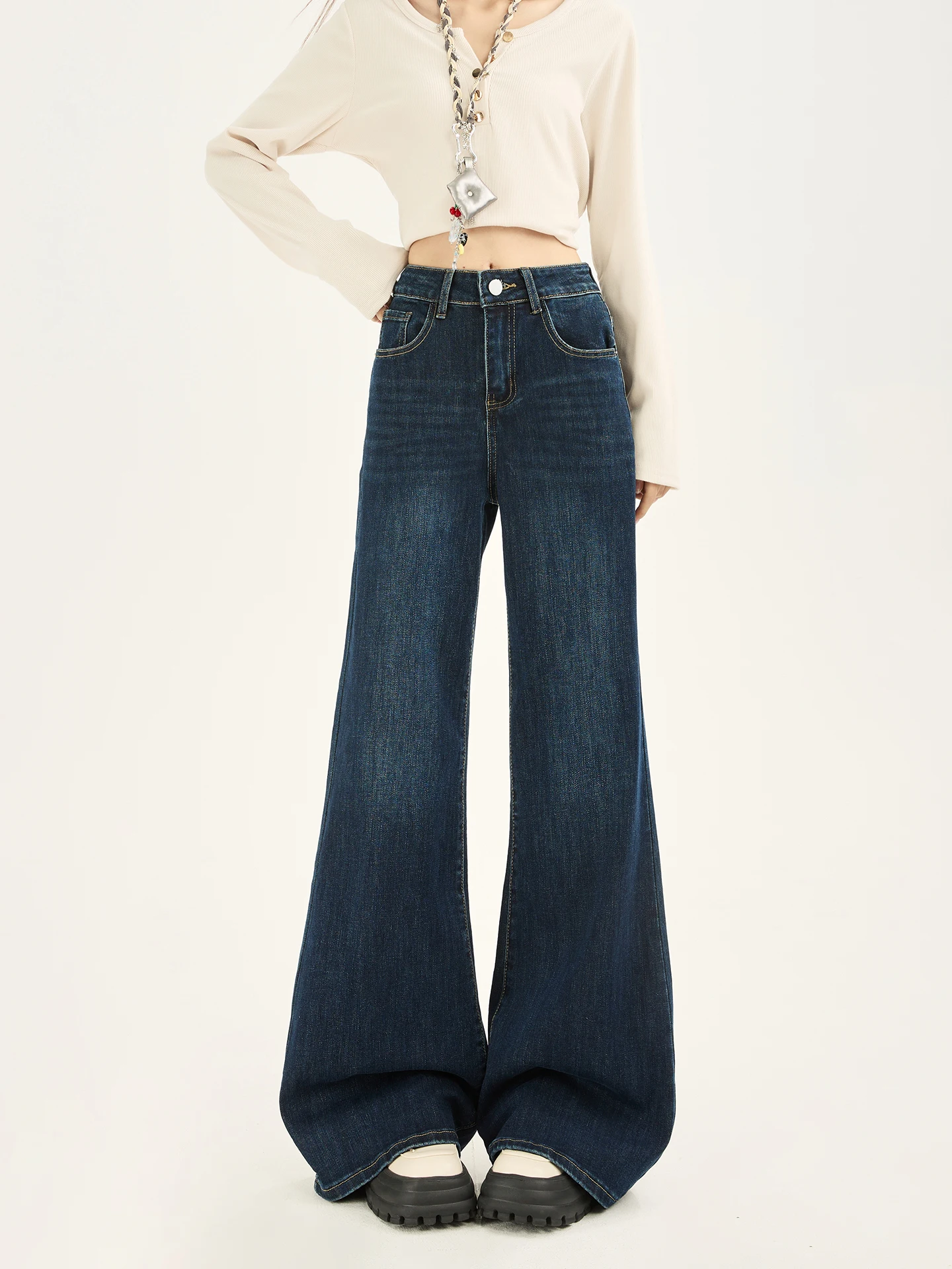 American Style Fleece Lined Flared Jeans Women High Waist Loose Straight Leg Non Fitting Bell Bottoms Casual Cotton Polyester