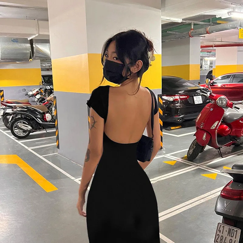 Effen Sexy Backless Maxi Jurk Vrouwen Elegante Elastische Slanke Korte Mouw Lange Jurken Vrouwelijke Bodycon Streetwear Kleding