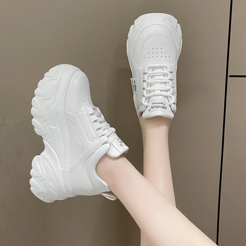 Kobiety 8cm Chunky Heel platforma buty na koturnie zasznurować klasyczne damskie Sneaker Solid Color białe buty na co dzień oddychające buty