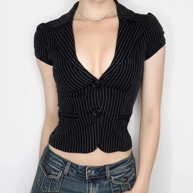 

American Sexy V-neck All-match Striped Shirt Women 2025 New Slim Waist Blouses Summer Short Sleeve Black Blusas De Mujer