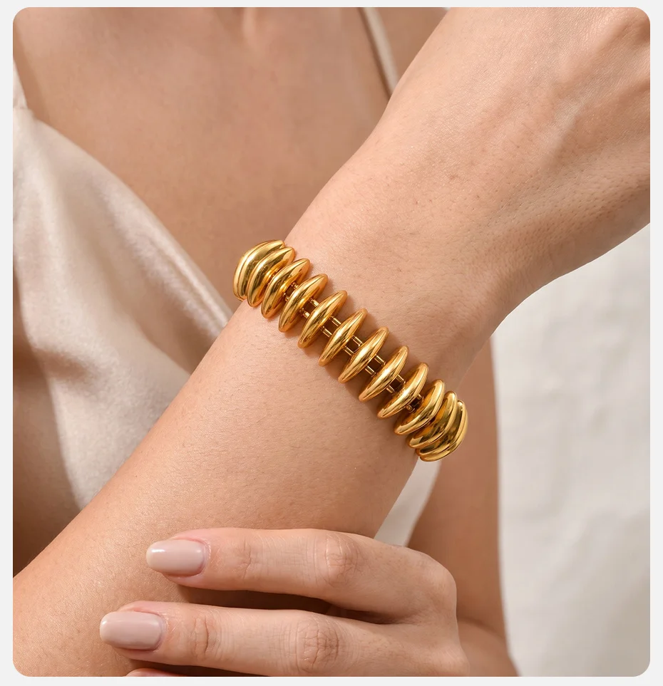Vnox Vergoldetes, klobiges Marquise-Gliederarmband für Damen, minimalistisches, dickes Armband aus Edelstahl mit Perlen, Schmuckstück. – Detail 3