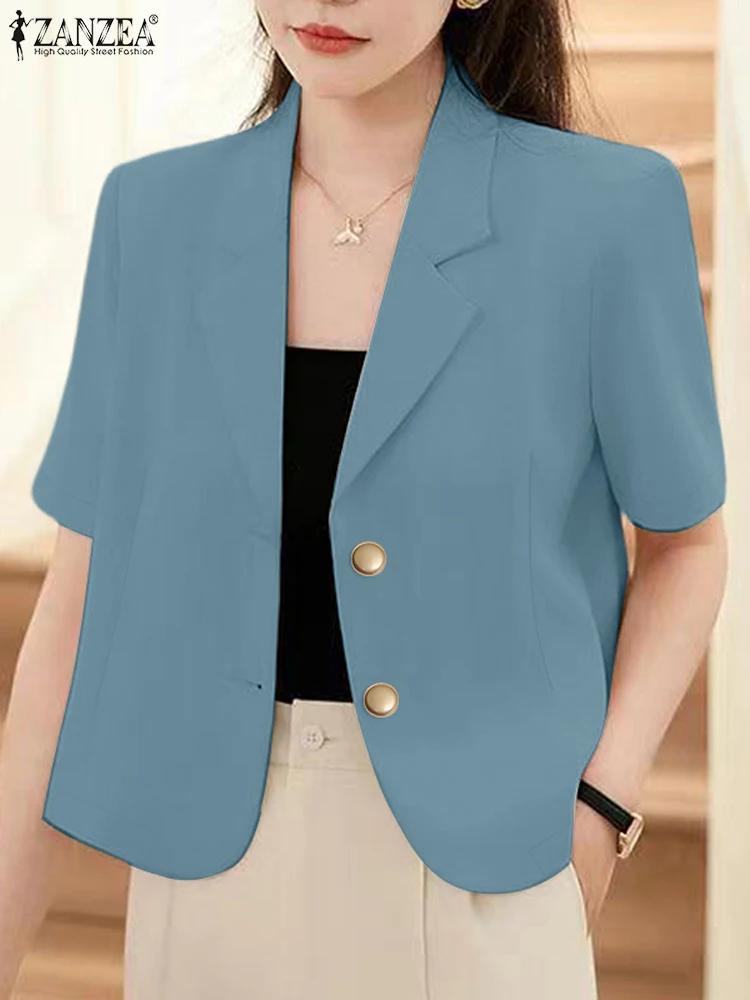 ZANZEA Commute Short Sleeve Suit Shirts Solid Color Elegant Office Wear Notched Lapel Short Tops Women Korean Fashion Crop Tops