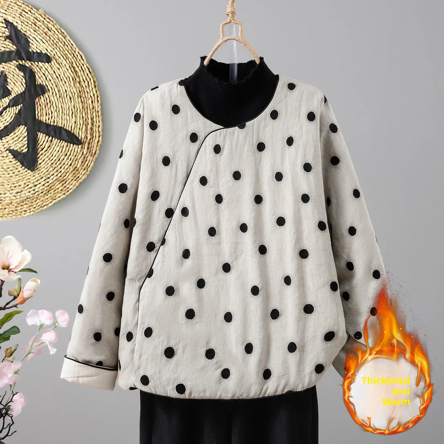 

Зимняя новинка: женская куртка-худи свободного кроя из хлопка и льна с принтом в стиле ретро, с круглым вырезом и наклонными воротниками