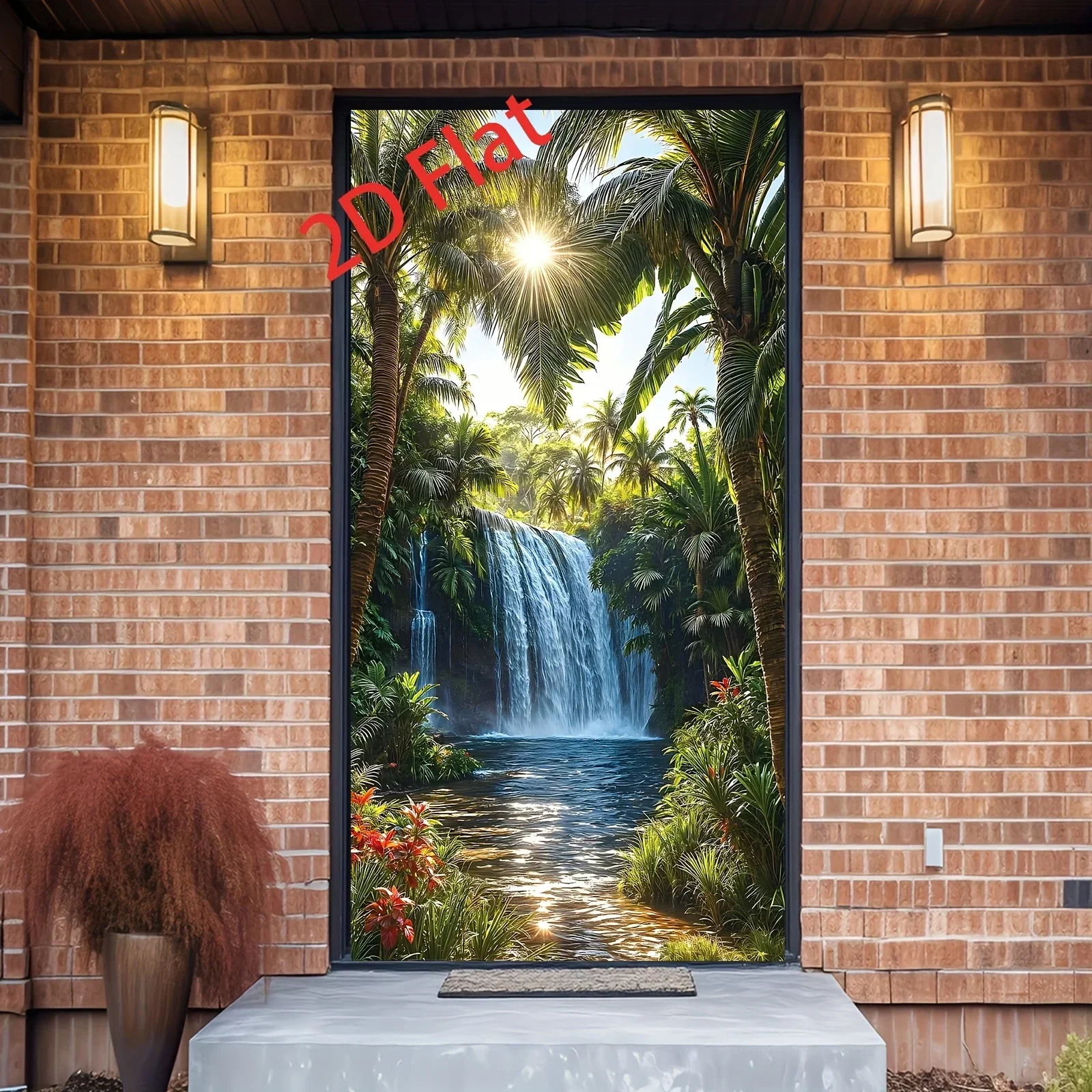 2D plane, 2D curtain, 1 piece featuring a tropical forest landscape with magnificent waterfalls and streams