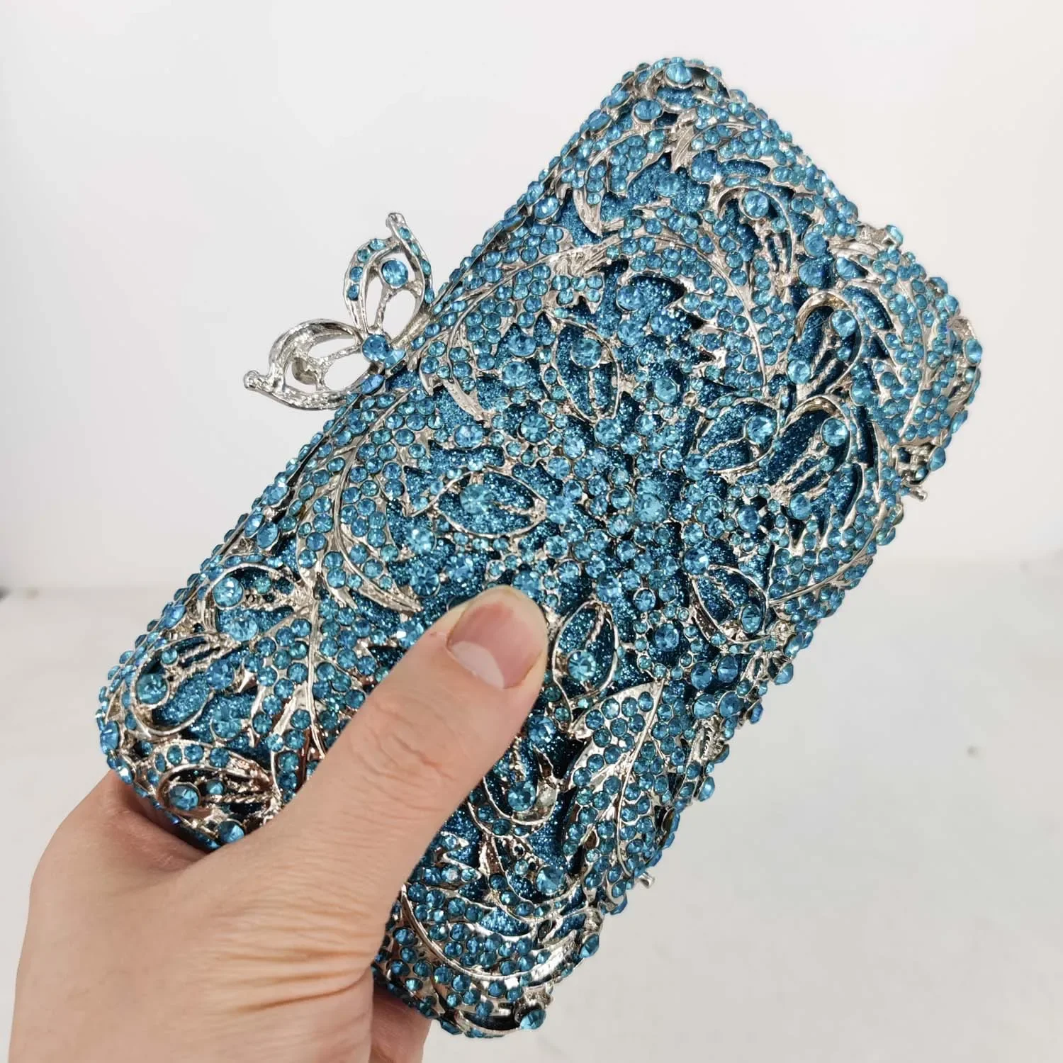 Boutique De FGG Turquoise Blue Women Crystal Clutch Evening Bags Rhinestone Flower Minaudiere Handbags Wedding Party Purse view 2